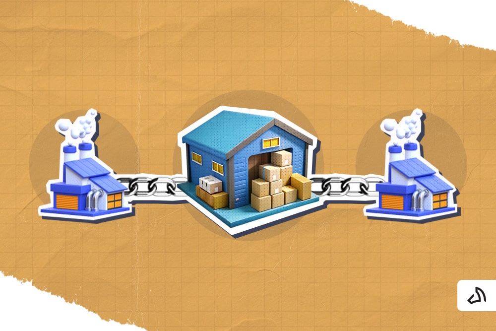 Deux usines de part et d'autre et un entrepôt au milieu, le tout relié par un lien métallique.