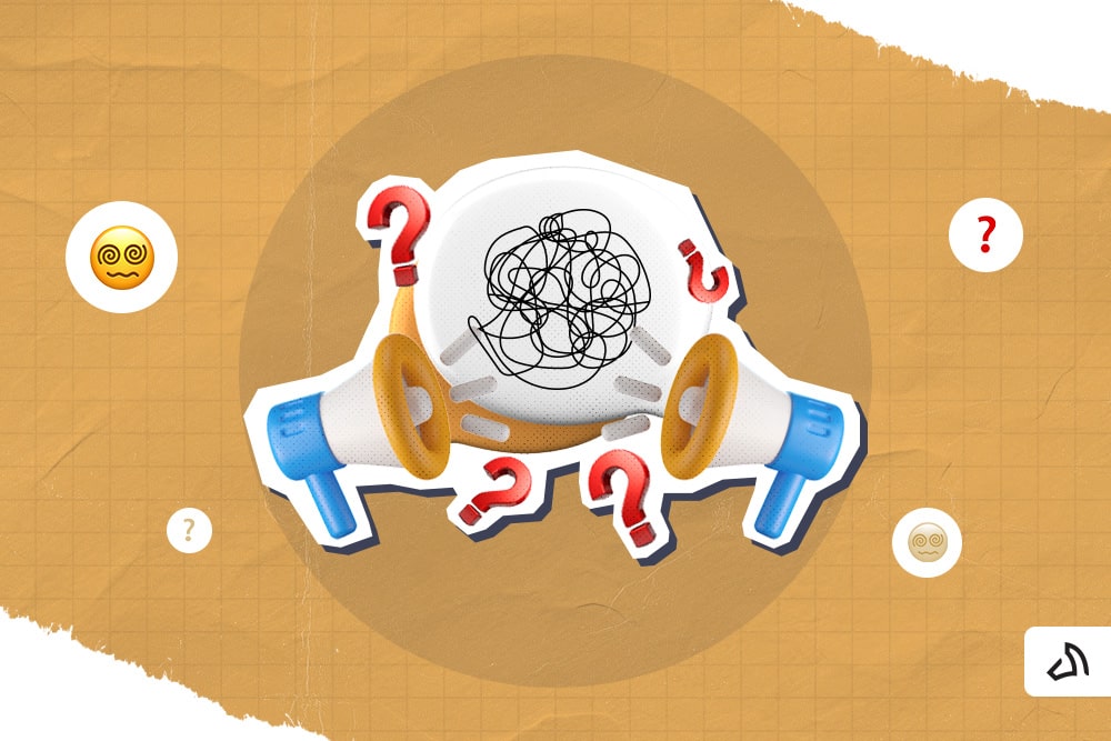 Deux mégaphones se faisant face avec des gribouillis et des points d'interrogation au centre.