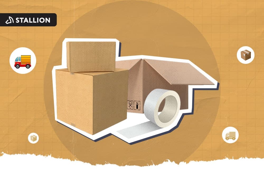 Two small closed boxes, a larger open box, and slightly unrolled packaging tape