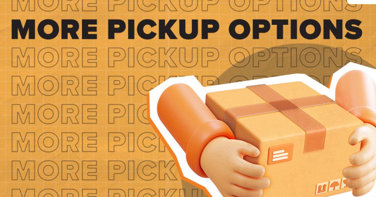 A pair hands holding a package with background text "MORE PICKUP OPTIONS"
