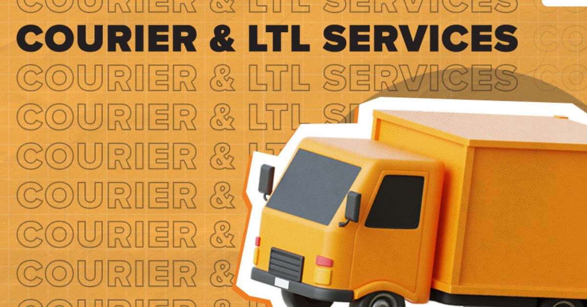 A yellow delivery van with background text "COURIER &amp; LTL SERVICES" in uppercase