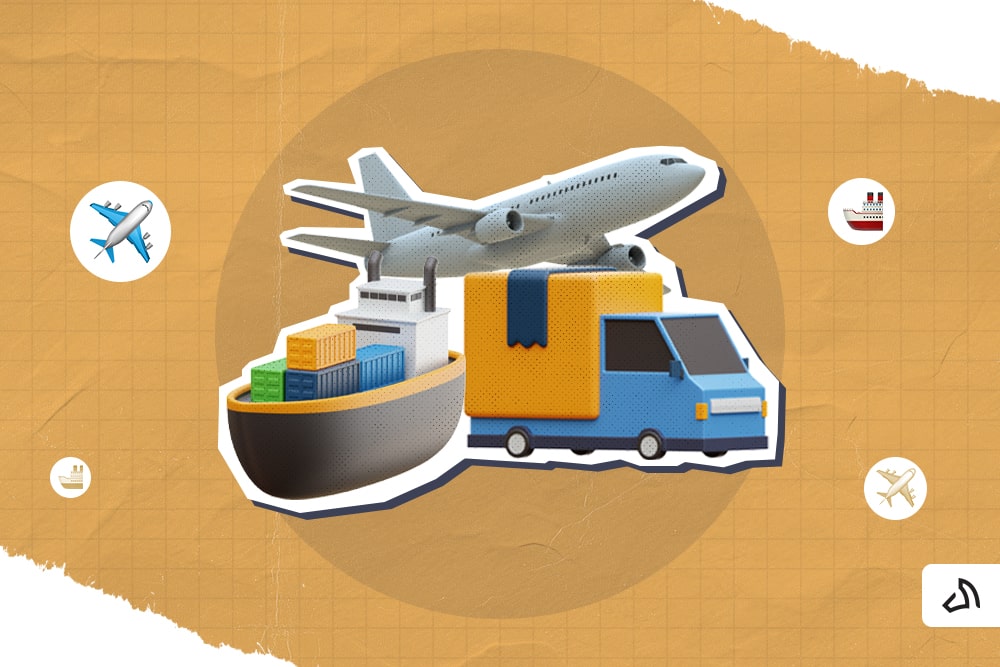A cargo ship, a plane, and a delivery truck