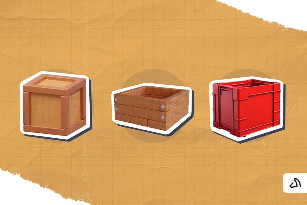 A closed wooden box, a frame crate, and a red plastic crate