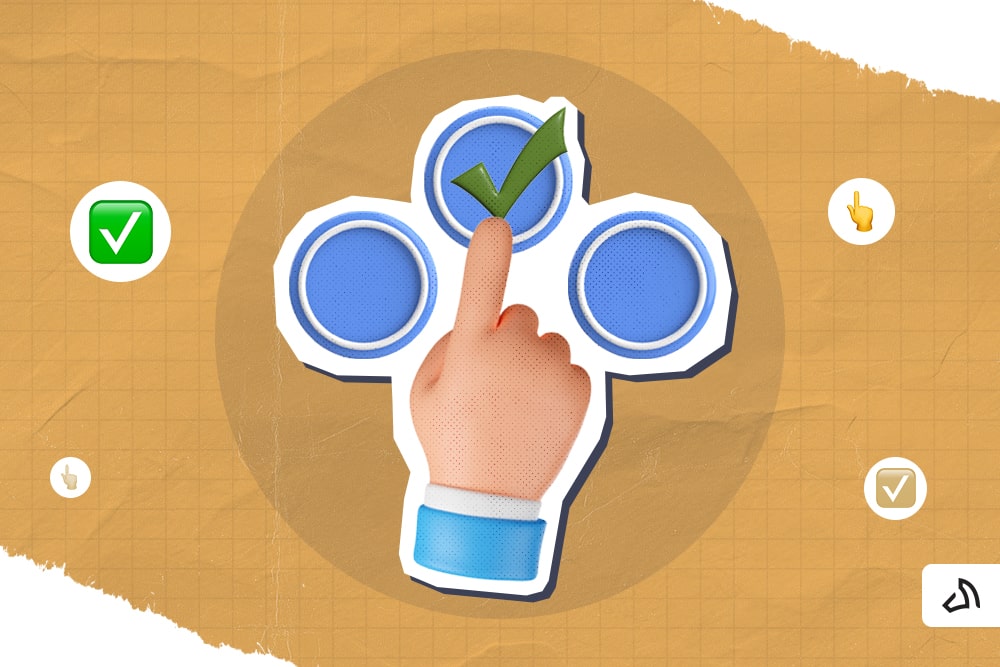 A finger pressing the blue middle button with one button on each side