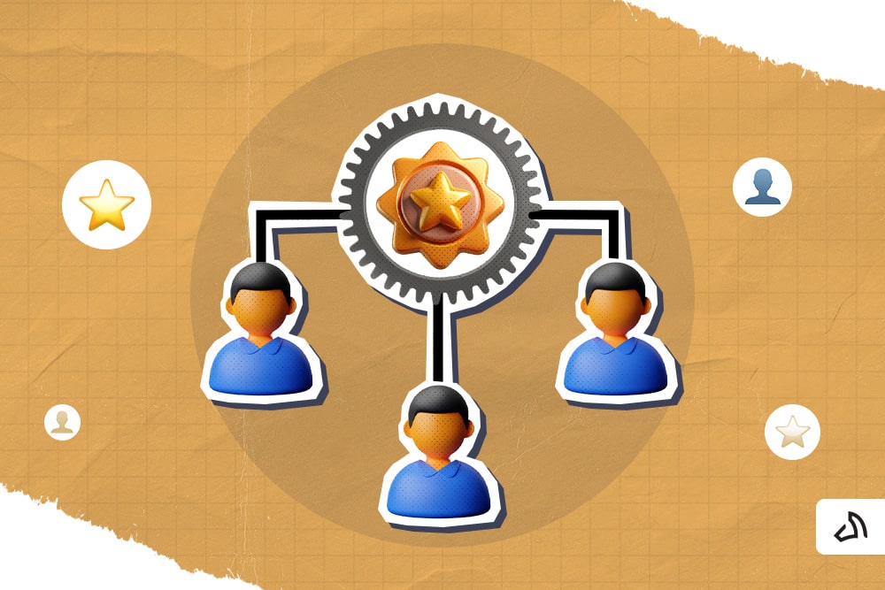 A gear cog with a star connecting to three human icons