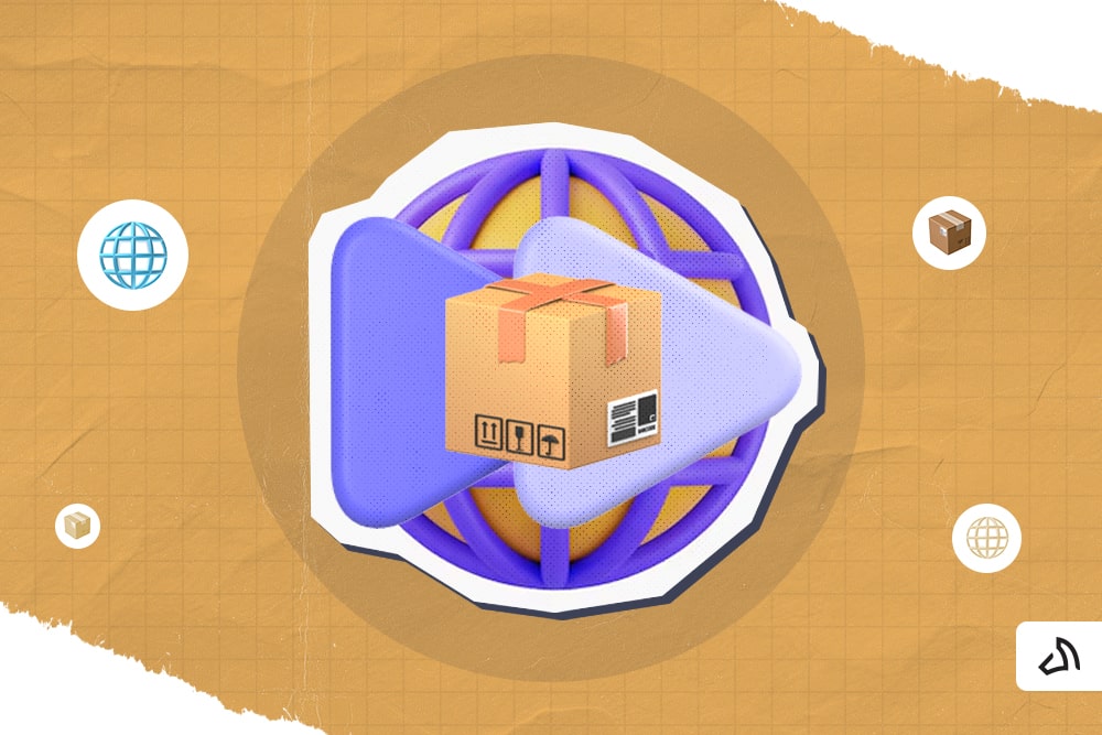 A globe behind the fast forward icon behind the brown package