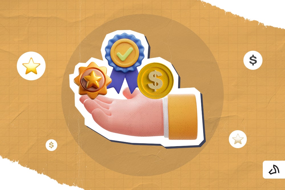 A hand showing a star, a gold coin, and a blue ribbon