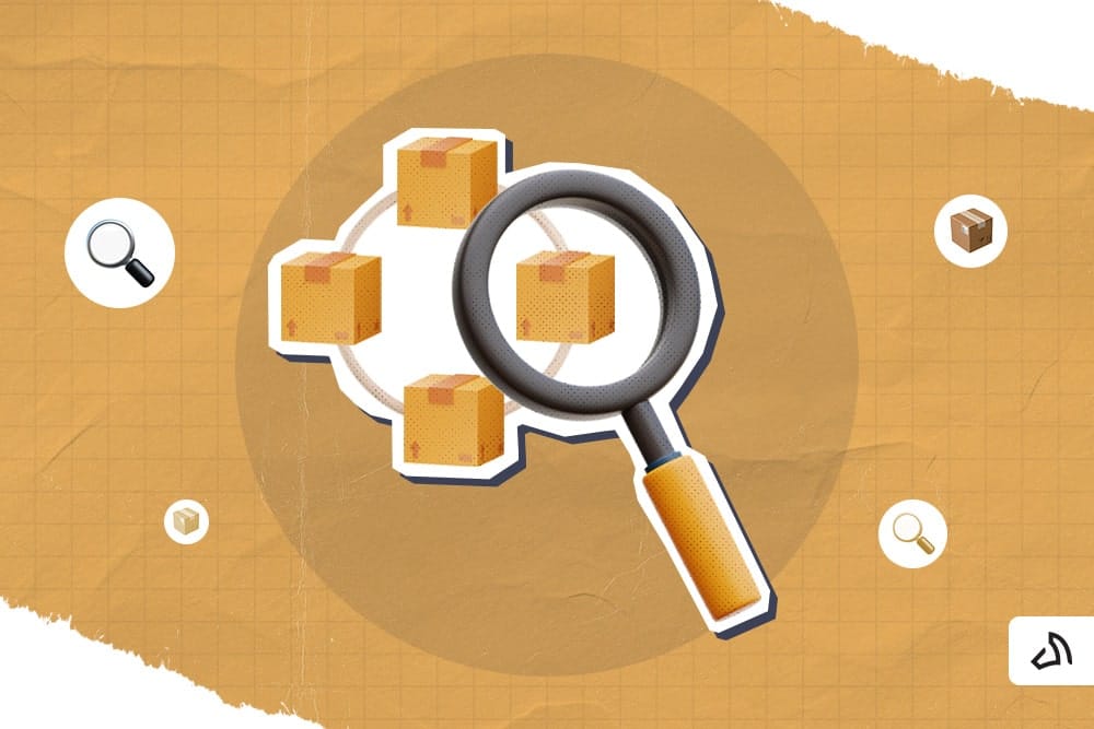 A magnifying glass looking at one of the four packages