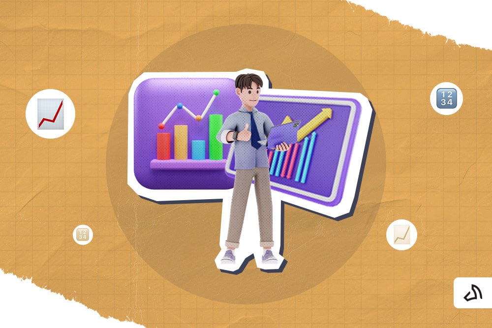 A man holding a laptop with two different graphs behind him