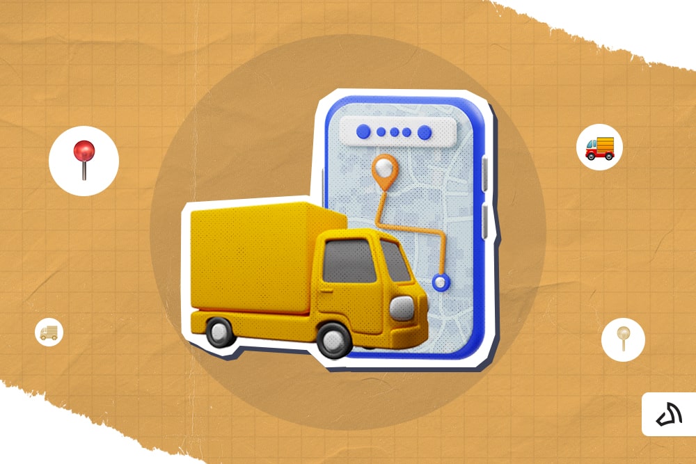 A yellow delivery truck with a tracking app behind it