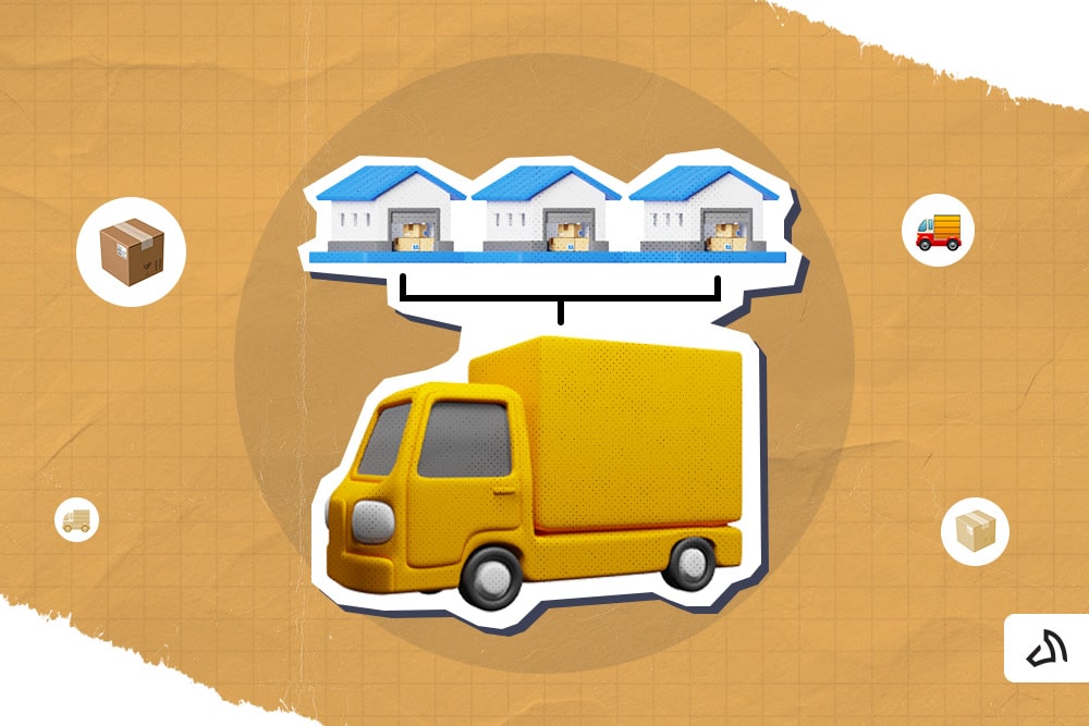 A yellow delivery van connected to three warehouses