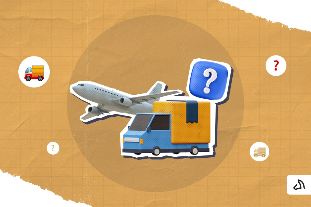An airplane with a delivery truck and a question mark on top of it
