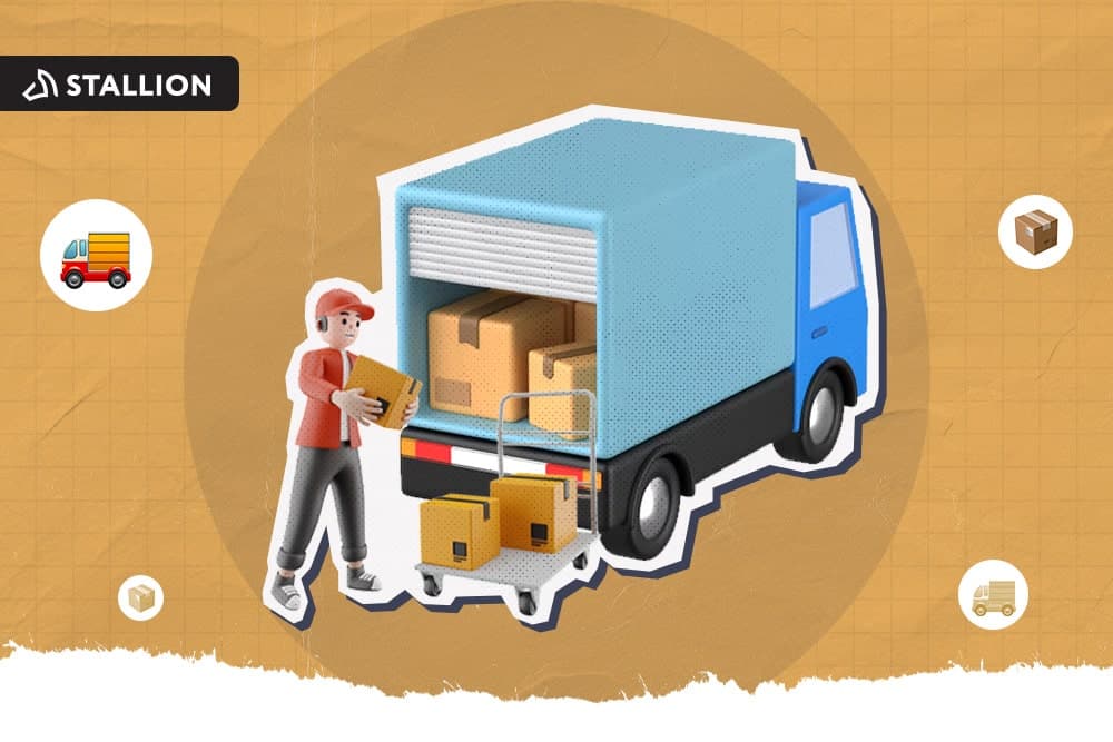 A delivery man carrying a box outside an open delivery van