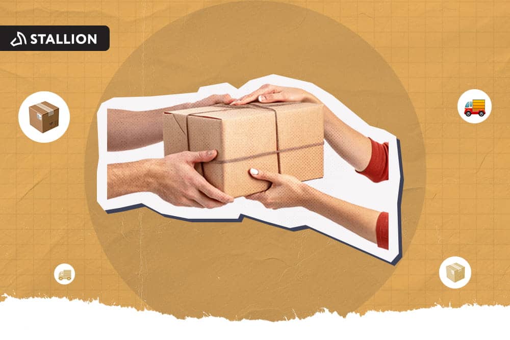 Two hands handing the package off.