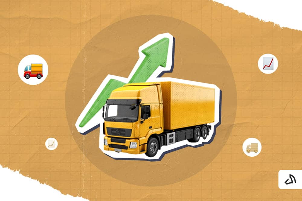 A yellow delivery truck with a green rising arrow