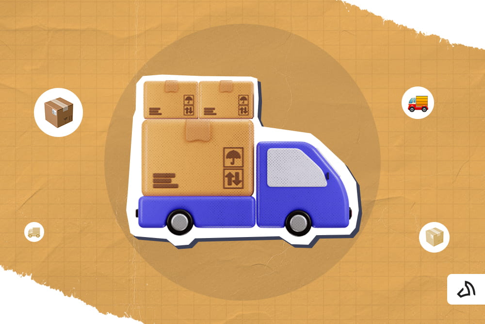 A blue delivery truck carrying three brown boxes