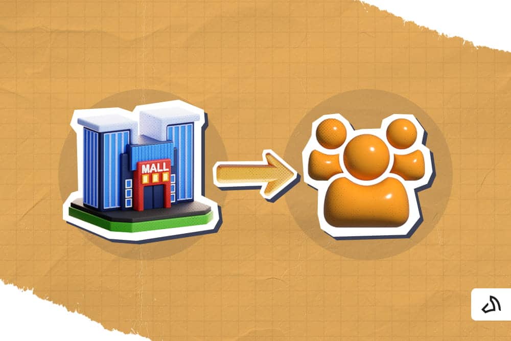 A blue mall and orange people icon with a yellow right arrow in between them