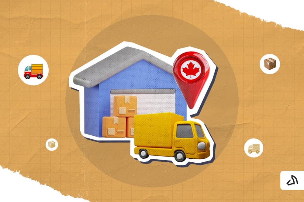 A blue warehouse with a yellow delivery van outside and a red Canadian location pin