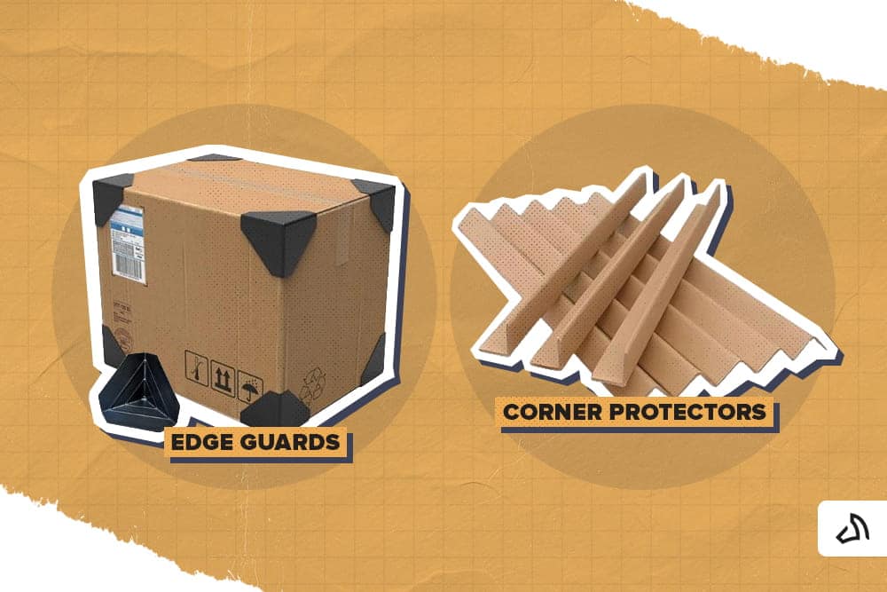 A box with edge guards on the left and corner protectors on the right