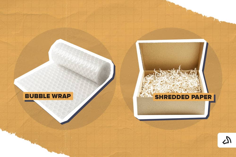 A bubble wrap on the left and a shredded paper on the right