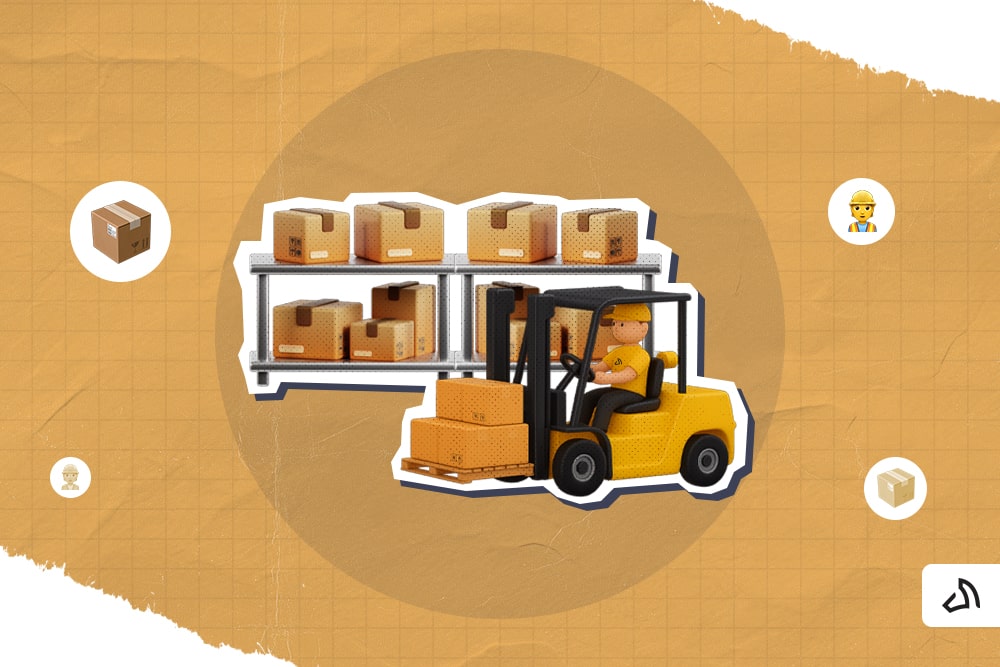 A forklift in front of a storage rack