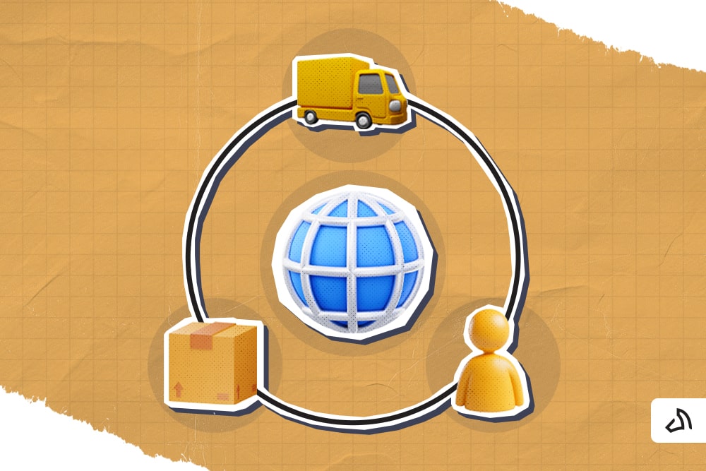 A globe icon surrounded by a delivery van, a human icon, and a box
