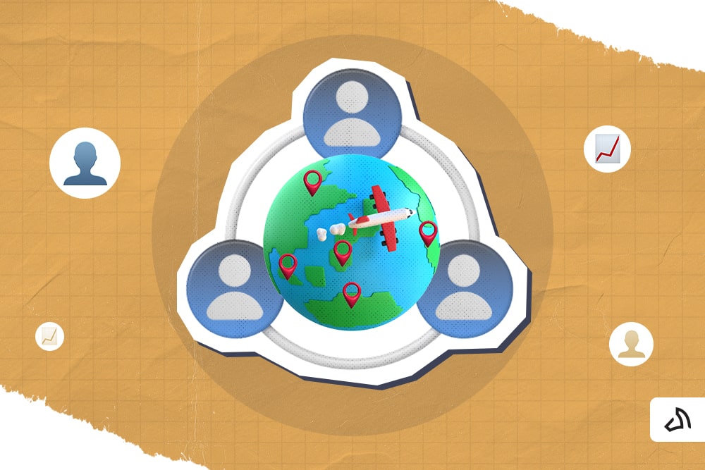 A globe in the middle of three human icons