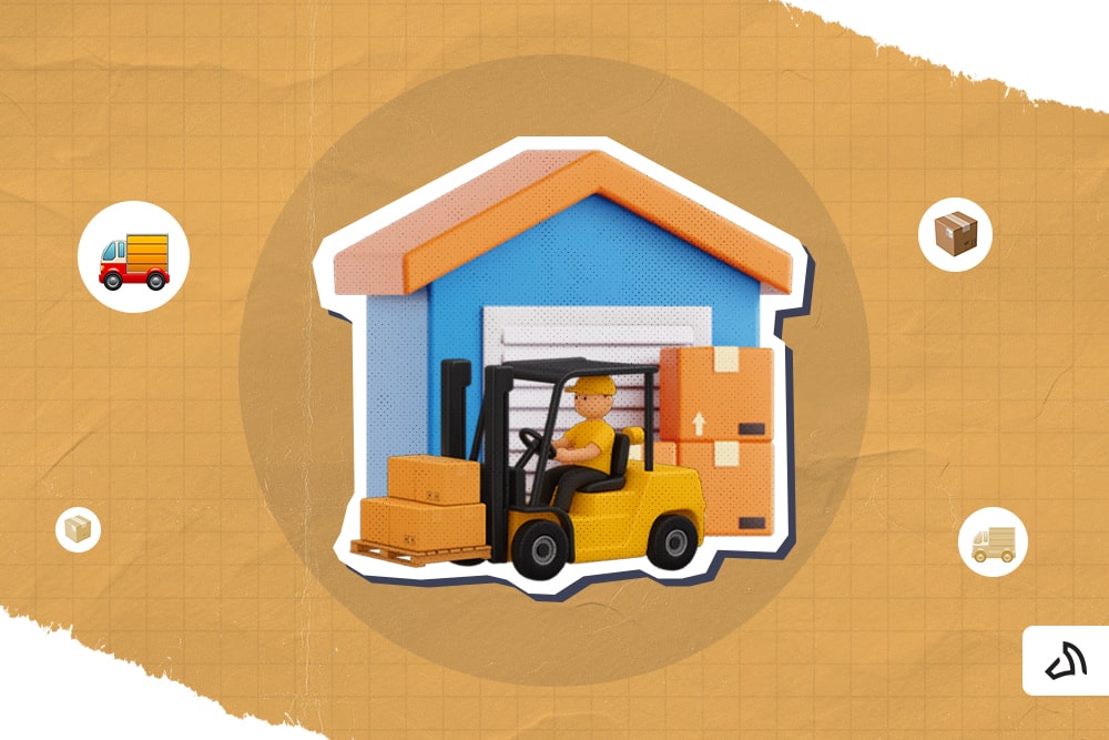 A man driving a forklift with boxes in front of a warehouse