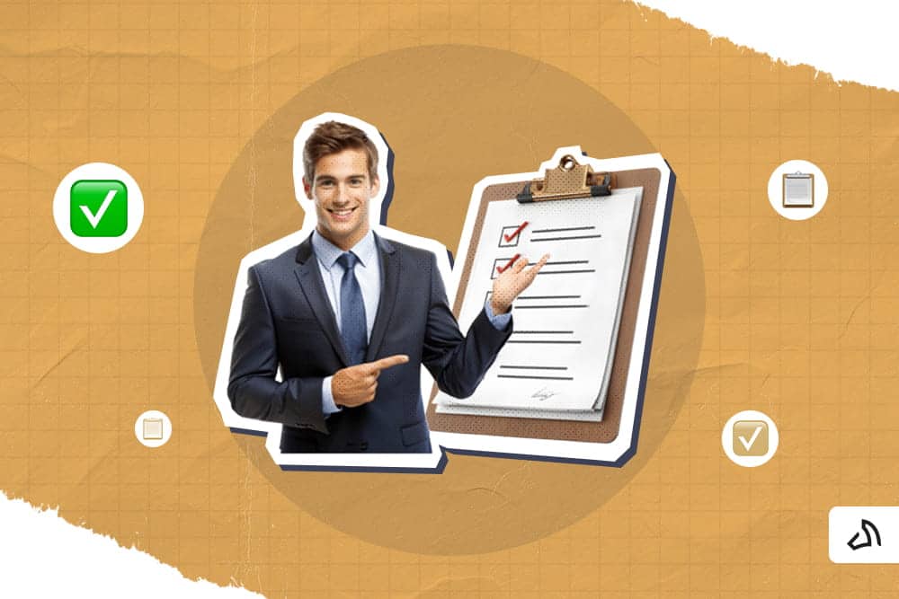 A man wearing a business suit is pointing at a checklist