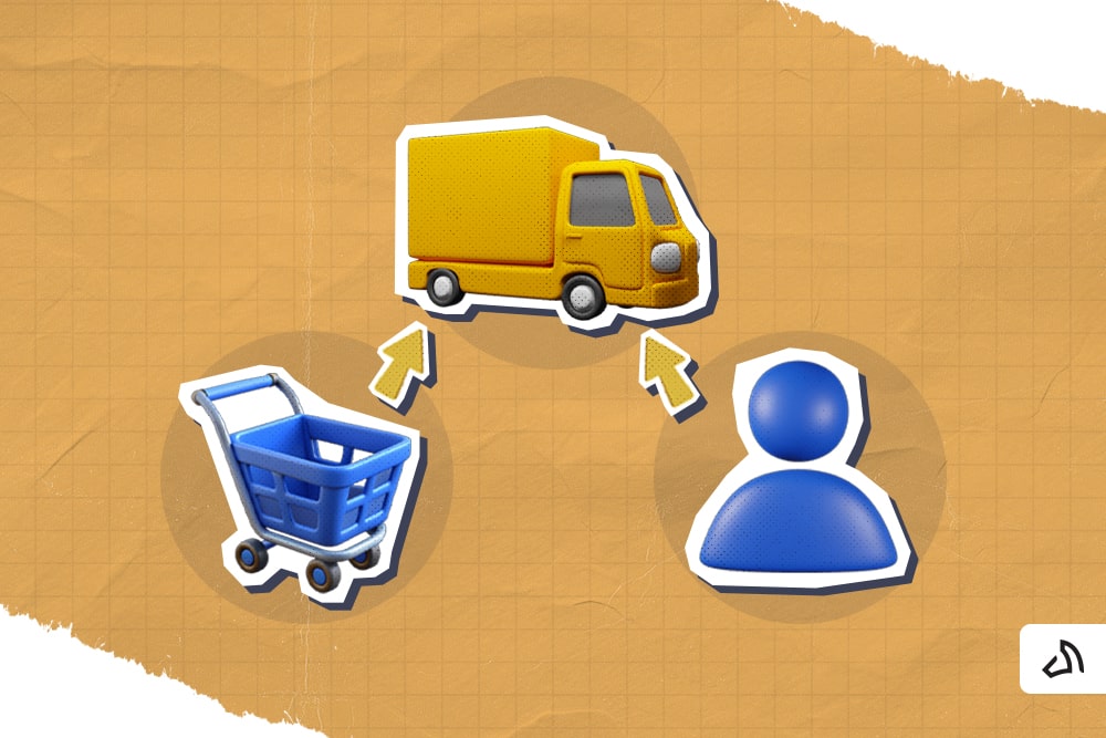A shopping cart on the left, a human icon on the right, and a yellow in the middle 