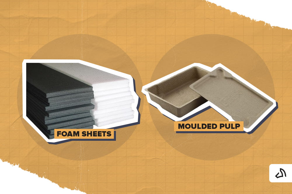 A stack of foam sheets on the left and a moulded pup on the right