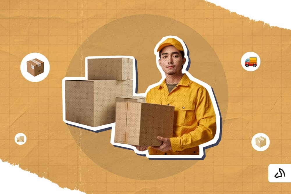 A Stallion crew is holding a box with a few boxes behind him