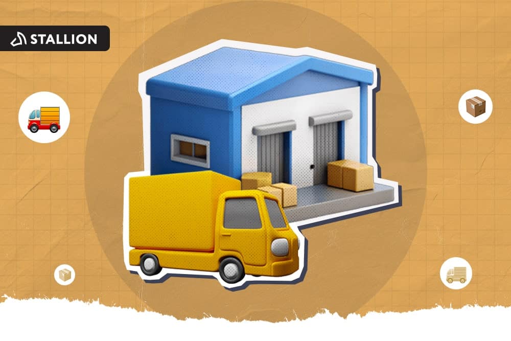 A warehouse with a yellow van outside