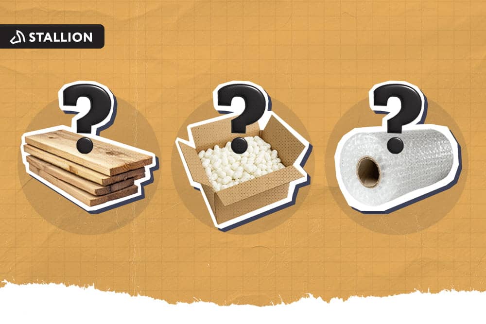 A wooden dunnage, a loose fill, and a bubble wrap, all with one question mark above them