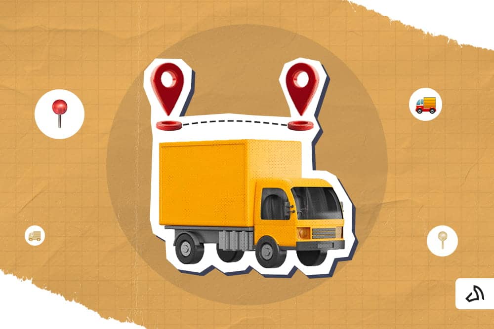 A yellow delivery truck with two location pins above it