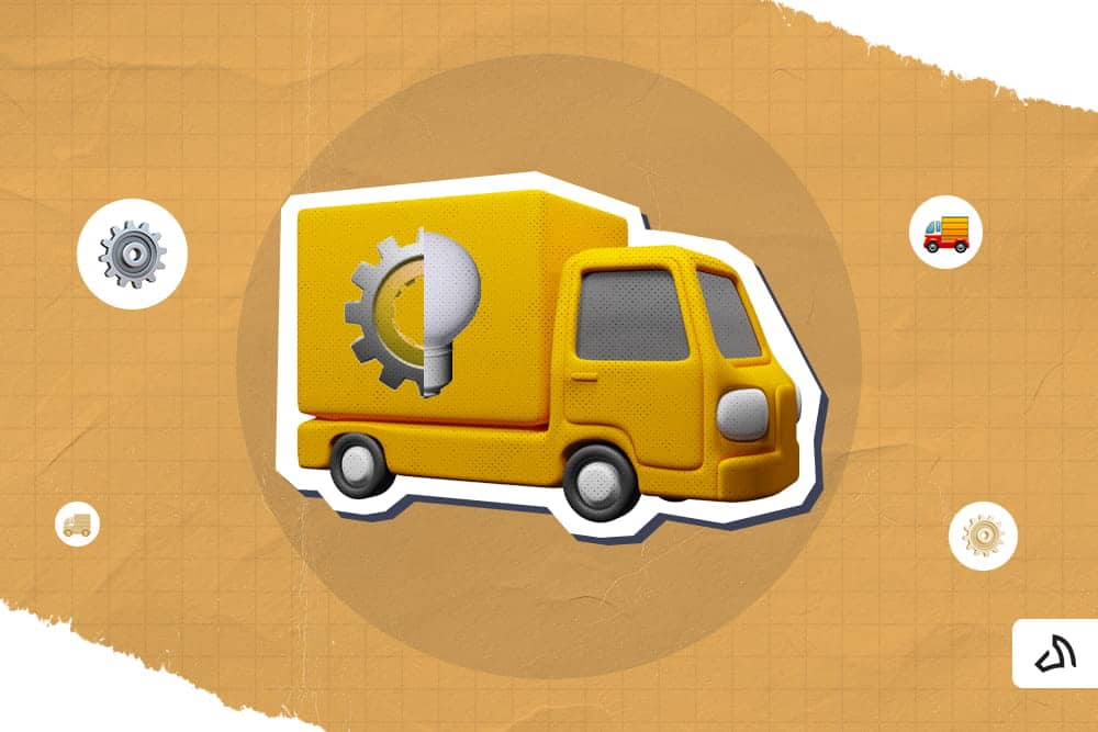 A yellow delivery van with a half cog gear and half light bulb in the centre