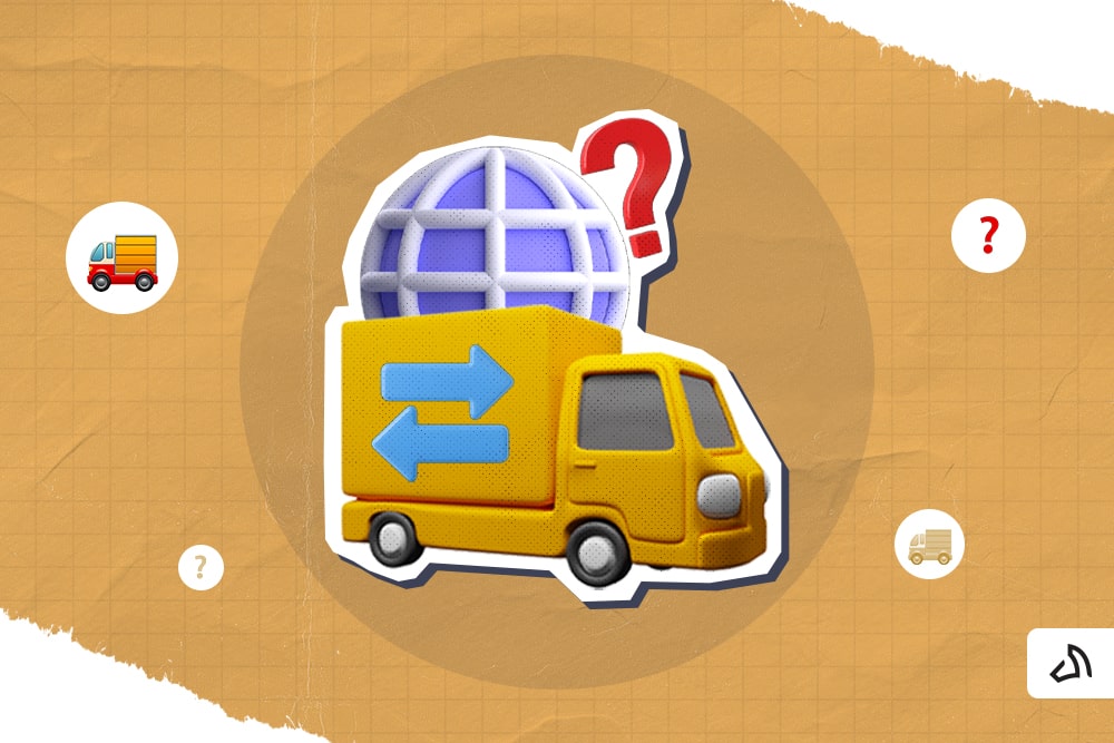 A yellow delivery van with an arrow and globe at the back