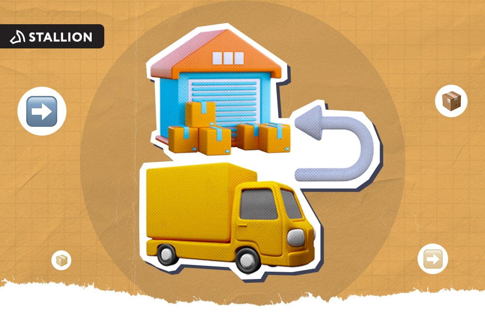 A yellow delivery van with warehouse connected by a reverse arrow