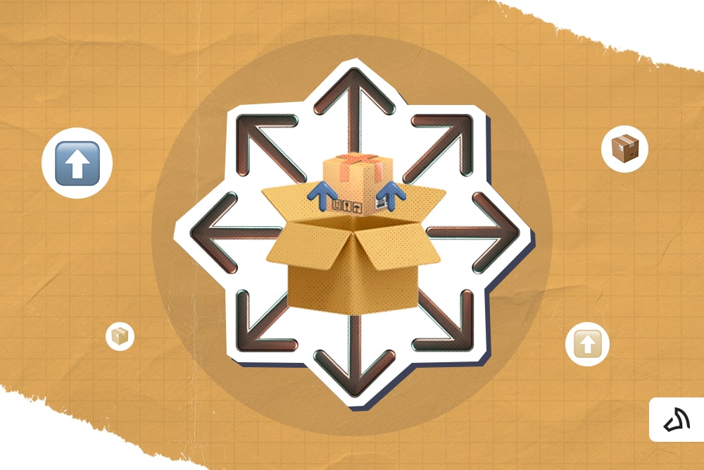 An opened box in the middle of plenty of directional arrows