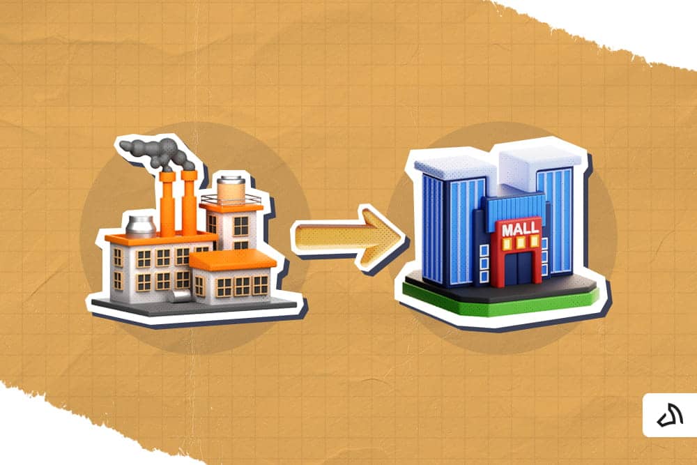 An orange factory and a blue mall with a yellow right arrow in between them