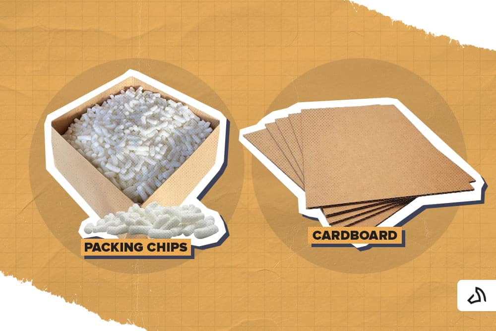 Packing chips inside a box on the left and a stack of cardboard on the right