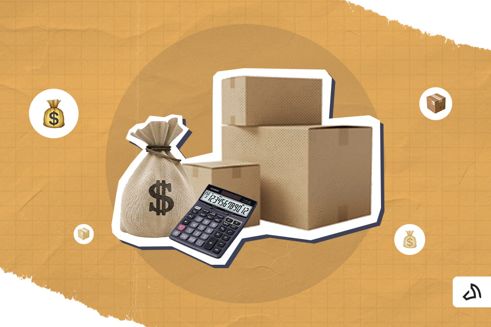 Some boxes, a calculator, and a sack of money