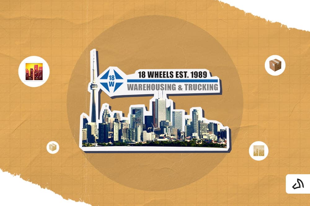 The 18 Wheels Logistics logo on top of Vancouver skyline