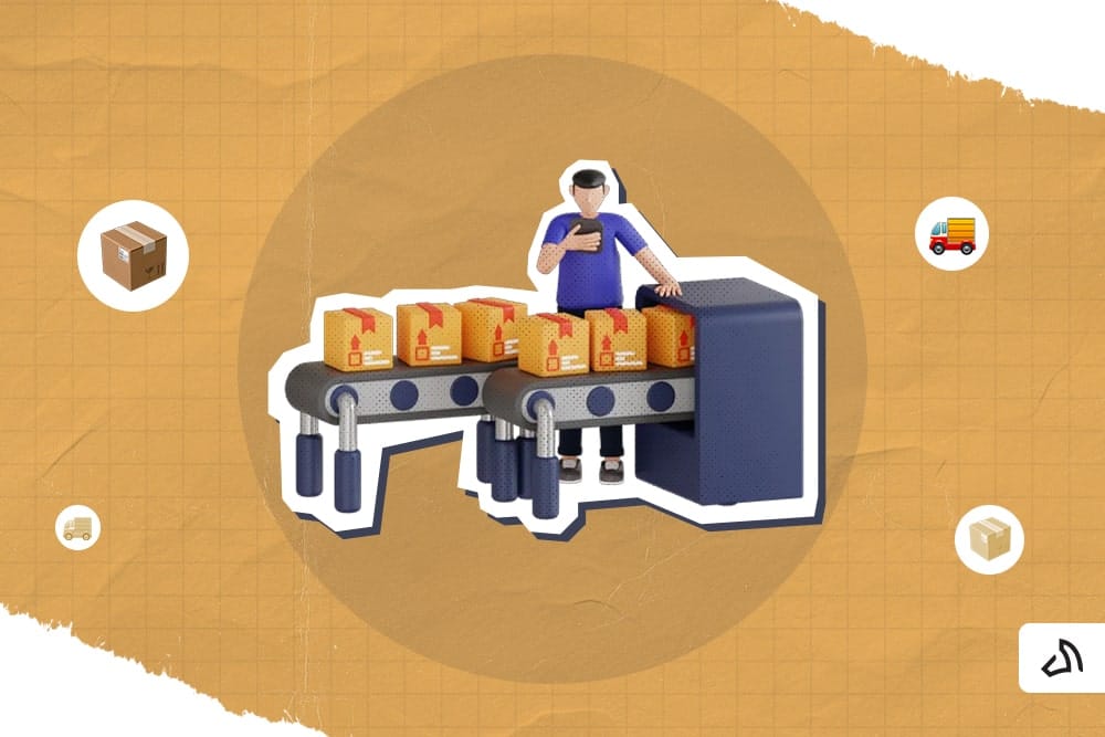 The boxes are on top of the conveyor with a warehouse staff standing behind it