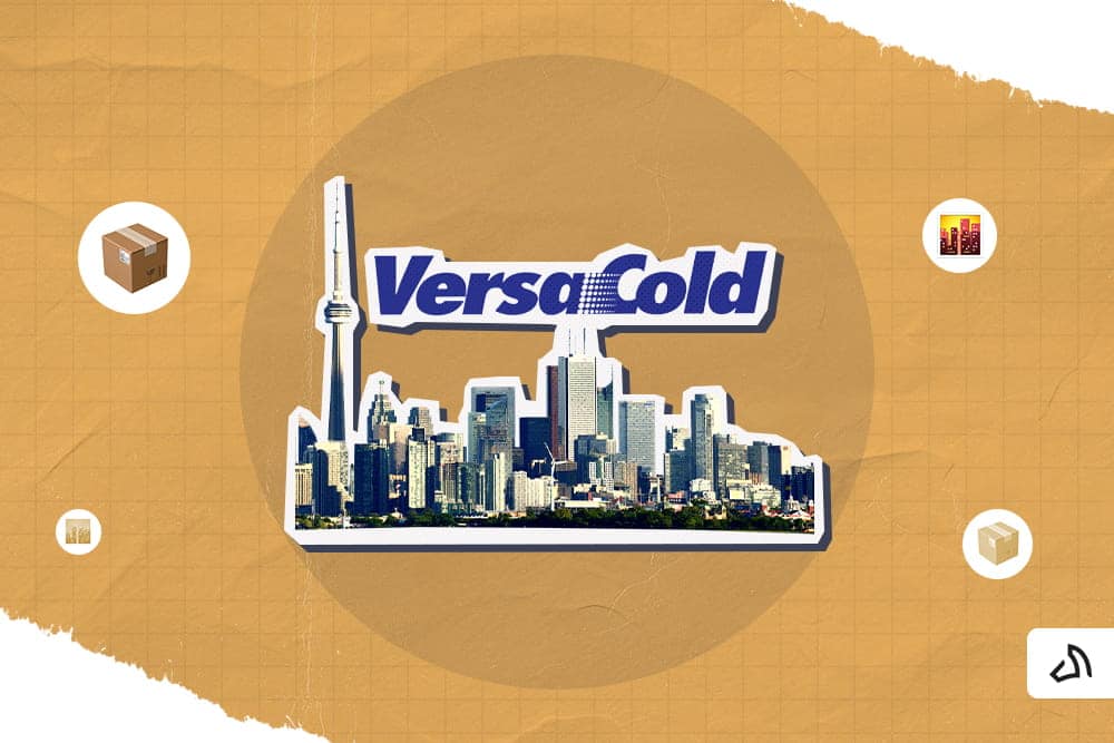 The VersaCold logo on top of Vancouver skyline