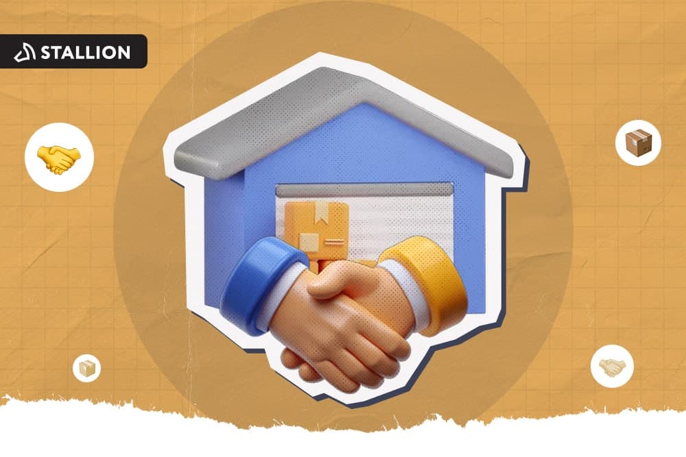 Two hands shaking with each other in front of a warehouse