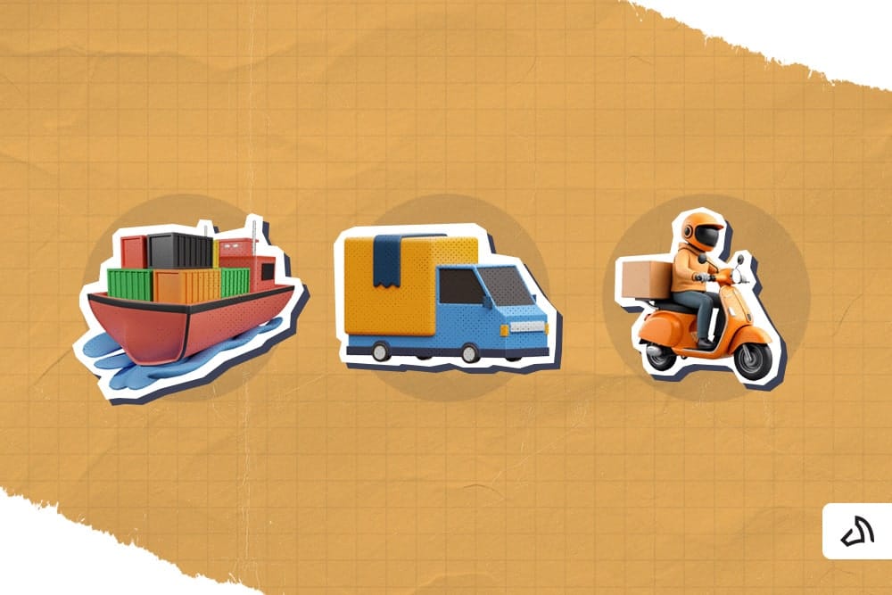 A cargo ship, a delivery van, and a person on a motorcycle