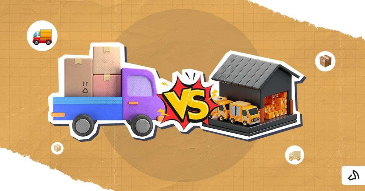 A delivery truck and warehouse with 'VS' between them, indicating a comparison.