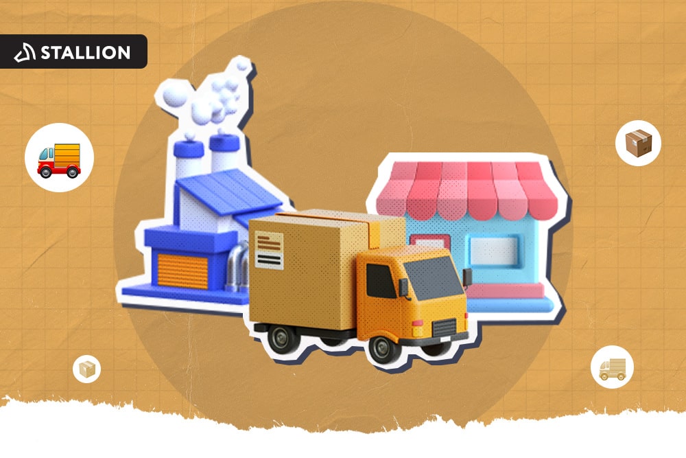 A factory, yellow delivery van, and a retail store