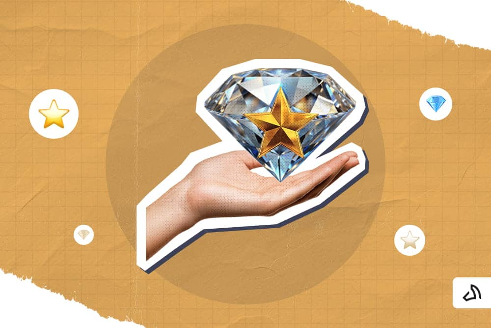 A hand holding a diamond with a gold star